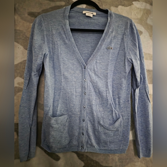 Lacoste Women’s Light Blue V-Neck Cotton Cardigan Tenniscore - Size 34 (XS/S) - Picture 2 of 4